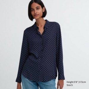Bluzka Uniqlo Rayon Printed Long-Sleeve Damske Námornícka Modrá Slovensko | K846580