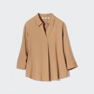Bluzka Uniqlo Rayon Skipper Collar 3/4-Sleeve Damske Béžové Slovensko | W779431