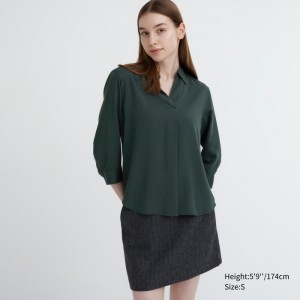 Bluzka Uniqlo Rayon Skipper Collar 3/4-Sleeve Damske Tmavo Zelene Slovensko | P741959