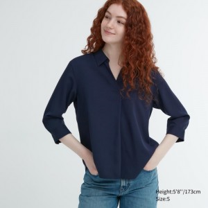 Bluzka Uniqlo Rayon Skipper Collar 3/4-Sleeve Damske Námornícka Modrá Slovensko | I553924