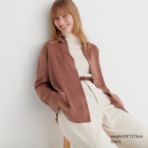 Bluzka Uniqlo Satin Long-Sleeve Damske Hnede Slovensko | Y116584