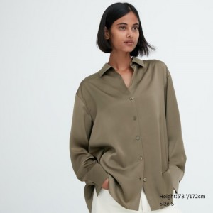 Bluzka Uniqlo Satin Long-Sleeve Damske Olivovo Zelená Slovensko | E285790