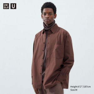 Casual Shirts Uniqlo Broadcloth Oversized Long-Sleeve Panske Hnede Slovensko | W272020