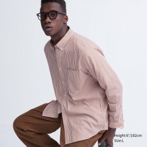 Casual Shirts Uniqlo Extra Fine Bavlnene Broadcloth Pruhované Panske Oranžové Slovensko | Q113483