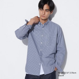 Casual Shirts Uniqlo Extra Fine Bavlnene Broadcloth Checked Panske Modre Slovensko | E041540