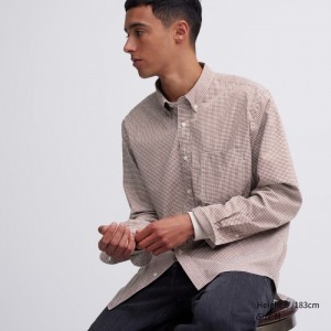 Casual Shirts Uniqlo Extra Fine Bavlnene Broadcloth Checked Panske Hnede Slovensko | S853169