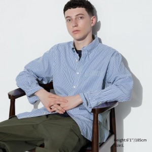 Casual Shirts Uniqlo Extra Fine Bavlnene Broadcloth Pruhované Panske Modre Slovensko | H107401