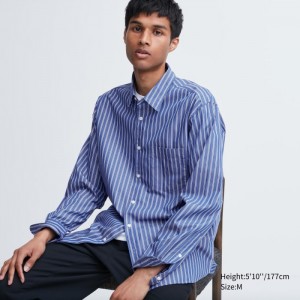 Casual Shirts Uniqlo Extra Fine Bavlnene Broadcloth Pruhované Panske Modre Slovensko | Z989796