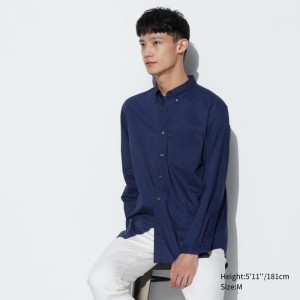 Casual Shirts Uniqlo Extra Fine Bavlnene Broadcloth Dotted Panske Modre Slovensko | B699456