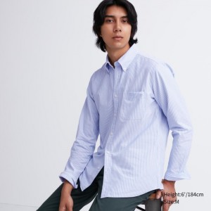 Casual Shirts Uniqlo Oxford Pruhované Slim-Fit Long-Sleeve Panske Modre Slovensko | F714446