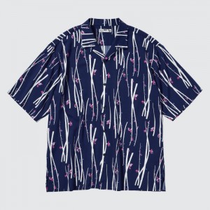 Casual Shirts Uniqlo Printed Open Collar Kratke-Sleeve (Japanese Auspicious Symbol) Panske Námornícka Modrá Slovensko | Y037401