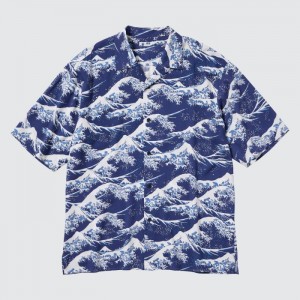Casual Shirts Uniqlo Printed Open Collar Kratke-Sleeve (Hokusai) Panske Modre Slovensko | J579604