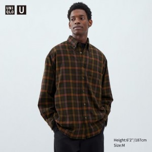 Casual Shirts Uniqlo Twill Oversized Checked Long-Sleeve Panske Tmavo Hnede Slovensko | V368631