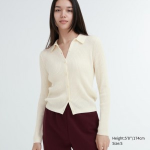 Kardigan Uniqlo Extra Fine Merino Rebrovaný Polo Damske Biele Slovensko | Z409818