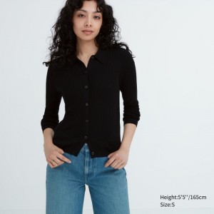 Kardigan Uniqlo Extra Fine Merino Rebrovaný Polo Damske Čierne Slovensko | T968780