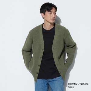 Kardigan Uniqlo Washable Bavlnene V-Neck Long-Sleeve Panske Olivovo Zelená Slovensko | M526994