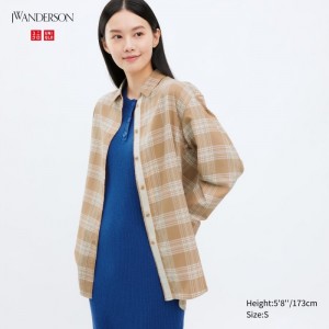Kosele Uniqlo Flannel Checked Long-Sleeve Long Damske Béžové Slovensko | Y907987