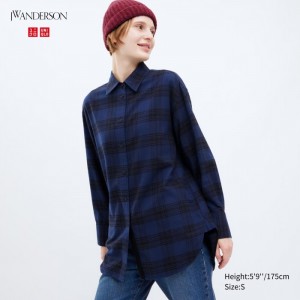 Kosele Uniqlo Flannel Checked Long-Sleeve Long Damske Námornícka Modrá Slovensko | E111506