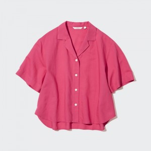 Kosele Uniqlo Linen Blend Open Collar Kratke-Sleeve Damske Ruzove Slovensko | D642270