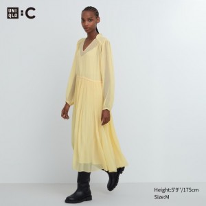 Saty Uniqlo Chiffon Plisované Long-Sleeve Damske Žlté Slovensko | O353583