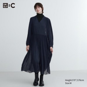 Saty Uniqlo Chiffon Plisované Long-Sleeve Damske Námornícka Modrá Slovensko | D382160