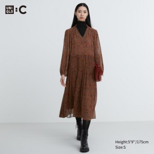 Saty Uniqlo Chiffon Plisované Long-Sleeve Damske Hnede Slovensko | I610333
