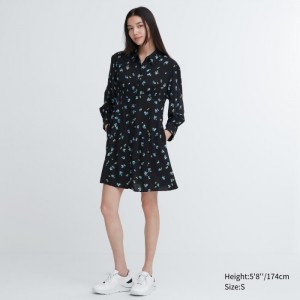 Saty Uniqlo Printed V-Neck Long-Sleeve Mini Damske Čierne Slovensko | U601209
