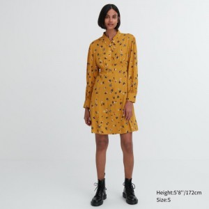 Saty Uniqlo Printed V-Neck Long-Sleeve Mini Damske Žlté Slovensko | Z766921