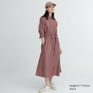 Saty Uniqlo Pruhované Bavlnene Long-Sleeve Long Shirt Damske Hnede Slovensko | B631837