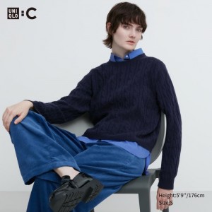 Sveter Uniqlo Cashmere Cable Crew Neck Long-Sleeve Kratke Damske Námornícka Modrá Slovensko | D106580