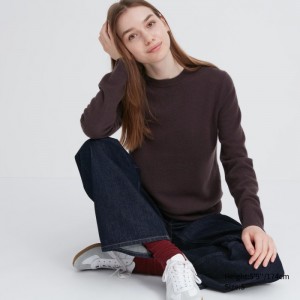Sveter Uniqlo Cashmere Crew Neck Long-Sleeve Damske Tmavo Hnede Slovensko | T632743