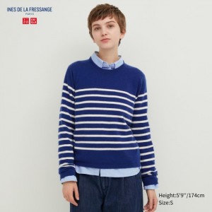 Sveter Uniqlo Cashmere Pruhované Crew Neck Long-Sleeve Damske Modre Slovensko | F866204