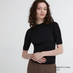 Sveter Uniqlo Extra Fine Merino Rebrovaný Mock Neck Half-Sleeve Damske Čierne Slovensko | U859064