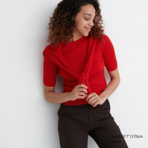 Sveter Uniqlo Extra Fine Merino Rebrovaný Mock Neck Half-Sleeve Damske Červené Slovensko | T918597