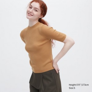 Sveter Uniqlo Extra Fine Merino Rebrovaný Mock Neck Half-Sleeve Damske Béžové Slovensko | X570322