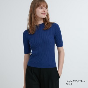 Sveter Uniqlo Extra Fine Merino Rebrovaný Mock Neck Half-Sleeve Damske Modre Slovensko | M734289