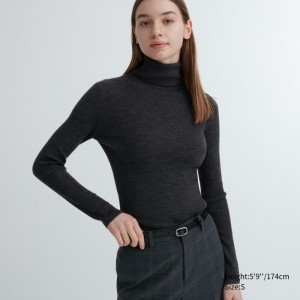 Sveter Uniqlo Extra Fine Merino Rebrovaný Turtleneck Long-Sleeve Damske Tmavo Siva Slovensko | N302363
