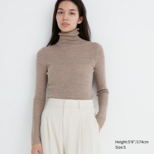 Sveter Uniqlo Extra Fine Merino Rebrovaný Turtleneck Long-Sleeve Damske Béžové Slovensko | C157711