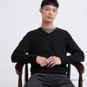 Sveter Uniqlo Extra Fine Merino V-Neck Long-Sleeve Panske Čierne Slovensko | Q686209