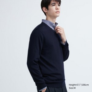 Sveter Uniqlo Extra Fine Merino V-Neck Long-Sleeve Panske Námornícka Modrá Slovensko | G142372