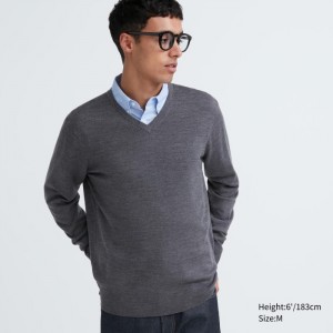 Sveter Uniqlo Extra Fine Merino V-Neck Long-Sleeve Damske Siva Slovensko | E826350