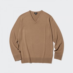Sveter Uniqlo Extra Fine Merino V-Neck Long-Sleeve Damske Béžové Slovensko | Z075881