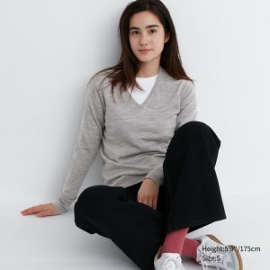 Sveter Uniqlo Extra Fine Merino V-Neck Long-Sleeve Damske Siva Slovensko | E011830