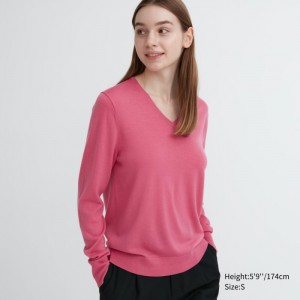 Sveter Uniqlo Extra Fine Merino V-Neck Long-Sleeve Damske Ruzove Slovensko | F101033