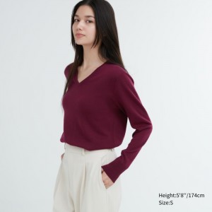 Sveter Uniqlo Extra Fine Merino V-Neck Long-Sleeve Damske Wine Slovensko | A374539