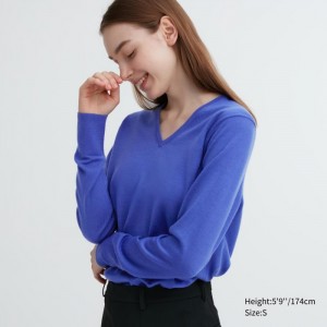 Sveter Uniqlo Extra Fine Merino V-Neck Long-Sleeve Damske Modre Slovensko | K062501