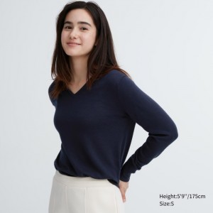 Sveter Uniqlo Extra Fine Merino V-Neck Long-Sleeve Damske Námornícka Modrá Slovensko | U847951