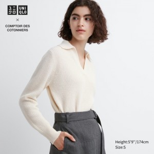Sveter Uniqlo Premium Lambswool Long-Sleeve Polo Damske Biele Slovensko | M328094