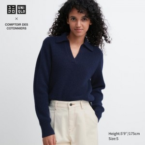 Sveter Uniqlo Premium Lambswool Long-Sleeve Polo Damske Námornícka Modrá Slovensko | Z674276