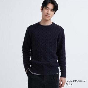 Sveter Uniqlo Souffle Yarn Cable Crew Neck Long-Sleeve Panske Námornícka Modrá Slovensko | D987138